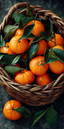 Tangerines with vibrant green leaves fill a rustic woven basket, showing a fresh harvest of healthy citrus fruit, symbolizing natural goodness and autumn abundanceの素材