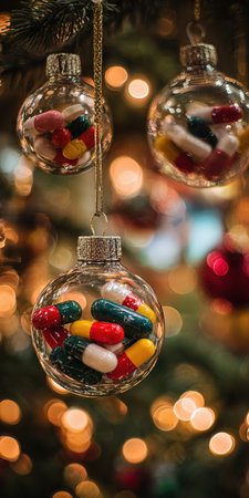 Transparent christmas ornaments filled with various colored pharmaceutical capsules hanging on a decorated fir tree, symbolizing health and wellness during the holiday seasonの素材