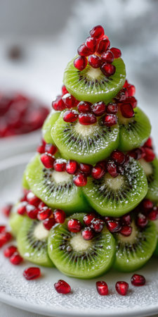Stacked kiwi slices forming a creative Christmas tree shape, adorned with vibrant red pomegranate seeds and dusted with powdered sugar, presenting a festive and healthy holiday treatの素材
