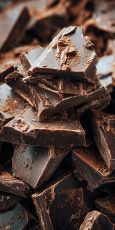 Broken dark chocolate chunks with cocoa powder on top form a rustic texture, representing rich flavor, indulgence, and gourmet quality for food backgrounds and sweet themesの素材