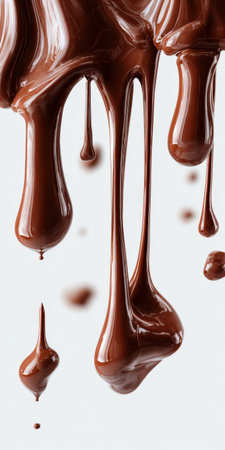 Molten chocolate sauce drips and flows in glistening strands against a clean white background, showing thick, glossy texture and rich brown movement for dessert and baking projectsの素材