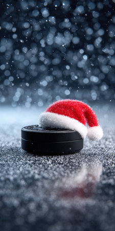Hockey puck featuring a small santa hat, surrounded by falling snow and light bokeh effects, creating a festive winter sports scene with soft reflections on the dark surfaceの素材