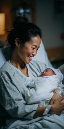 Asian mother in a hospital gown holding her swaddled newborn baby, looking at her child with a joyful and loving expression, symbolizing new life, motherhood, and family bondingの素材