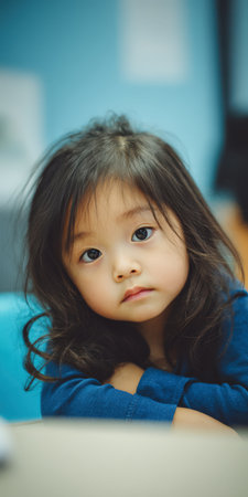 Young Asian girl looking directly at camera with a curious yet innocent expression, wearing a blue shirt and resting her arms on a surface against a blue background, capturing her childhood wonderの素材