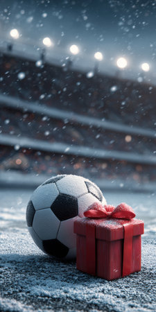 Football and red gift box standing together on a snow-covered stadium pitch during a winter night, with bright stadium lights visible in the background, symbolizing sport and holiday seasonの素材