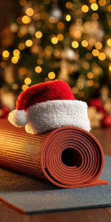 Rolled yoga mat topped with a santa hat against warm bokeh Christmas lights, evoking holiday fitness, cozy wellness, and mindful new year resolution vibes for home workoutsの素材