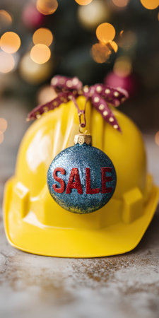 Yellow hard hat with a decorative bow and a blue sale christmas ornament hanging from it, symbolizing holiday season discounts in the construction and industrial sectorsの素材