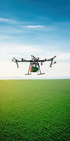 Modern agriculture drone performing precision spraying over a vast green field, representing innovative farming, technology, and sustainable growth under a clear skyの素材