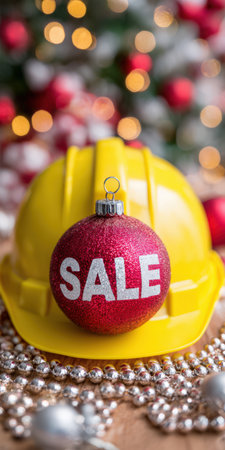 Yellow safety hard hat displaying a red glitter sale ornament, surrounded by festive silver garlands and bokeh lights, symbolizing holiday discounts for the working industryの素材