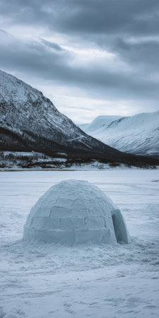 Igloo built from snow blocks providing shelter and insulation in a cold, icy winter landscape, surrounded by snowy mountains and a serene frozen lake under an overcast skyの素材