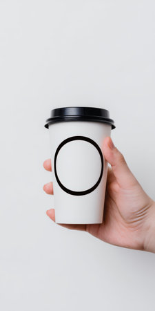 Hand holding a white paper coffee cup with a blank circular label and black lid, providing a customizable mockup for branding designs on a plain white backgroundの素材