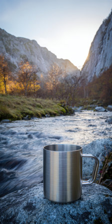 Stainless steel camping mug standing on a rock next to a flowing river with mountains and golden trees in the background, light rays beaming through the valleyの素材