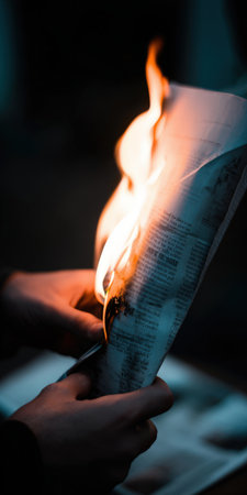 Hands holding an old newspaper as flames consume the pages, depicting themes of misinformation, fake news, freedom of speech, and the destruction of information in a dark atmosphereの素材