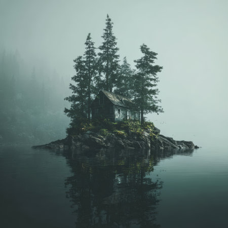 Old wooden cabin on a rocky island amid tall pines, shrouded in thick fog with mirror-like lake reflections, evoking solitude, mystery and quiet wilderness atmosphereの素材
