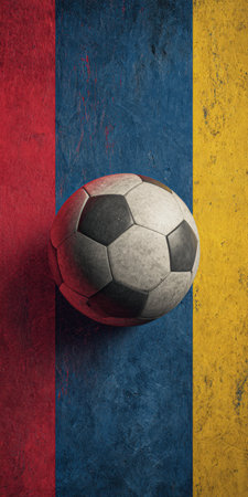 Classic football balancing on a textured, vertically striped background representing the romanian national flag colors, symbolizing country pride, sport, and competitionの素材
