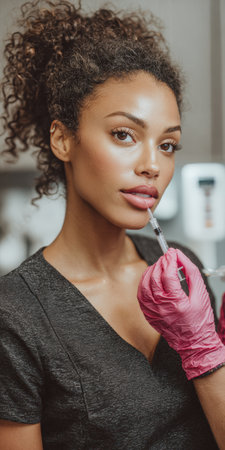 Woman with curly hair getting a cosmetic lip filler injection from a specialist wearing pink gloves, focusing on beauty treatment and anti-aging procedures in a clinic settingの素材