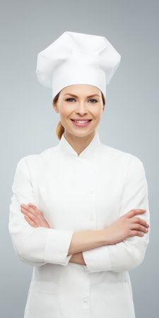 Young professional chef woman in white uniform and hat smiling, standing with arms crossed, representing expertise, happy occupation, and culinary professionの素材