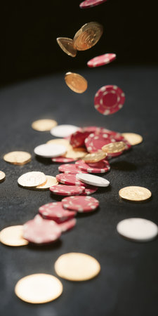 Poker chips and golden coins scatter and tumble across a dark casino table, capturing motion, risk, and the thrill of betting as fortune and chance collide in nightlife playの素材
