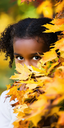 Young girl with dark curly hair peeking through vibrant yellow and orange fall leaves, her expressive eyes looking directly at the camera while playing outdoors during autumnの素材