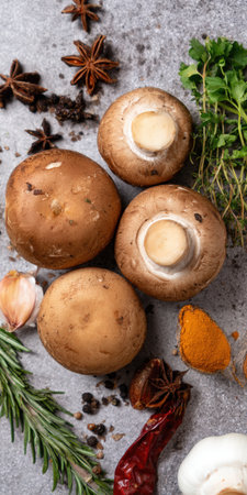 Various fresh ingredients including whole brown mushrooms, garlic, rosemary, thyme, star anise, and chili peppers arranged on a concrete background, ready for cooking a flavorful mealの素材