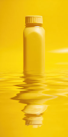 Yellow bottle standing vertically in water, creating a monochrome environment with its reflection on the rippling surface, emphasizing product display and minimalist designの素材