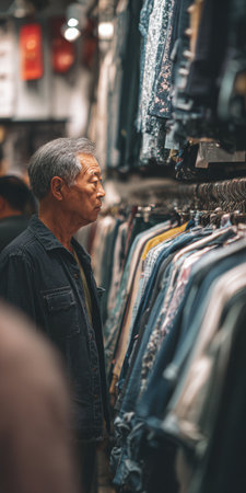 Elderly asian man selecting garments from a clothing rack in a vibrant street market, demonstrating thoughtful consumer behavior and a contemplative shopping experienceの素材