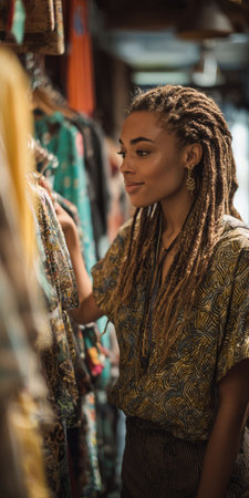 Young black woman with dreadlocks smiling brightly while browsing patterned tops on a clothing rack in a boutique, enjoying a leisure shopping experienceの素材