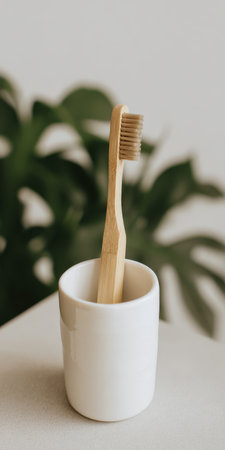 Bamboo toothbrush providing an eco-friendly alternative for oral care, standing in a white ceramic cup with a blurred green plant in the background, promoting sustainabilityの素材
