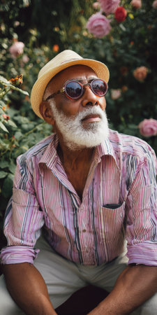 Senior black man with white beard and hat wearing sunglasses, enjoying a beautiful summer day in a lush garden filled with blooming roses, reflecting in quiet contemplationの素材