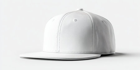 White snapback cap mockup with a blank front panel on an isolated background, ideal for branding, logo placement, apparel presentations, product shots and marketing templatesの素材