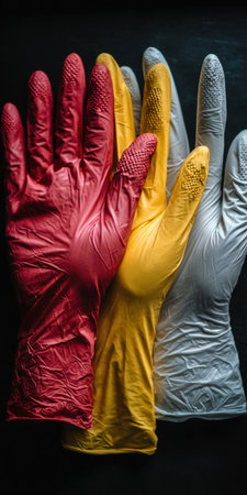Three distinct rubber gloves, colored red, yellow, and white, stand vertically against a dark background, representing cleaning, safety, and hygiene practicesの素材