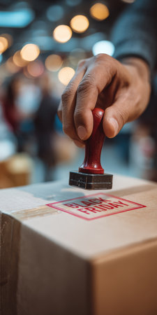 Worker hand stamping black Friday on a cardboard delivery box, preparing it for shipment, representing e-commerce, online shopping, and holiday sale logisticsの素材