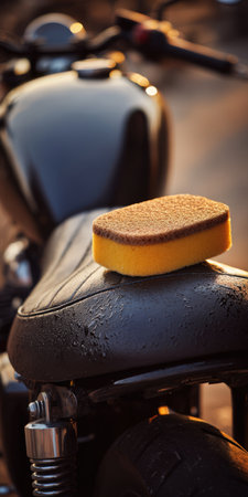 Motorcycle seat being cleaned with a yellow sponge and water drops, highlighting detailing, maintenance and care for leather and plastic surfaces on a wet bike outdoorsの素材