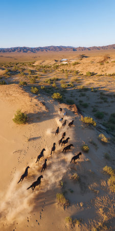Herd of wild horses running freely across vast desert landscapes with sand dunes, sparse vegetation, and mountains under a clear blue sky, evoking freedom and resilienceの素材