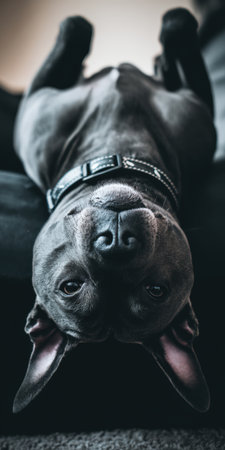 Dark gray pit bull dog lying upside down, looking directly at the camera with a playful and curious expression, capturing its unique personality and pet emotionsの素材