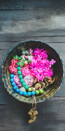 Handcrafted wooden bowl displaying a vibrant arrangement of fresh flowers, stone beads, and elegant jewelry creating a rustic and earthy still life composition with bohemian elementsの素材