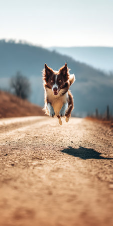 Energetic border collie dog jumping high with all four paws off the ground, running on a countryside dirt road under bright sunlight, conveying joy, freedom, and an active healthy lifestyleの素材