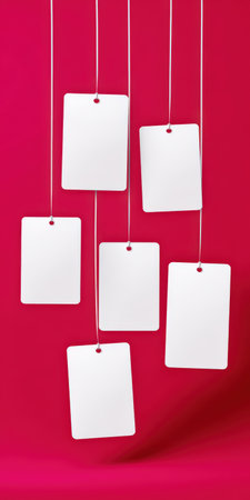 Many blank white paper tags hanging from strings against a deep red background, clean minimalist composition with ample copy space for branding, pricing, or promotional textの素材