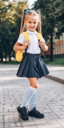 Young student girl with a bright smile stands outdoors in pleated school uniform, striped knee socks and yellow backpack, ready and confident for the back-to-school seasonの素材