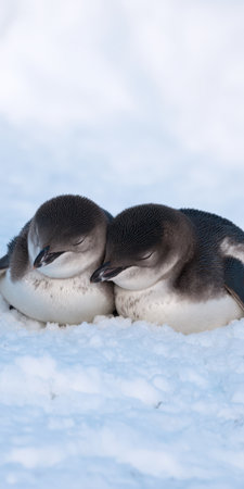 Two fluffy baby penguins snuggle side by side on pristine snow, sleeping peacefully together in a cold antarctic landscape, conveying warmth, bonding and gentle comfortの素材