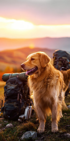 Golden retriever dog standing next to hiking gear and backpack on a mountain trail, looking towards the warm fading sun, embodying themes of adventure, companionship, and outdoor travelの素材