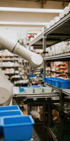 Robotic arm precisely handling small components on a conveyor belt, showcasing advanced automation and industrial technology in a modern manufacturing facilityの素材