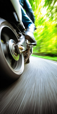 Motorcycle rear wheel spinning rapidly on an open asphalt road, creating a dynamic motion blur effect, representing speed, freedom, and adventure through a natural green environmentの素材