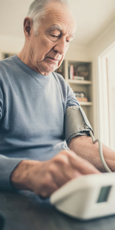 Senior man checking his blood pressure at home with a digital arm monitor, practicing regular self-care to manage hypertension and maintain cardiovascular healthの素材