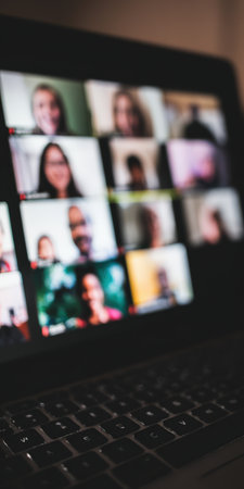 Laptop screen showing blurred faces of diverse people participating in an online video call or virtual meeting, representing remote work and global communicationの素材
