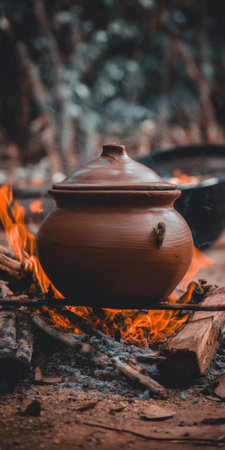 Earthenware pot with a lid rests on logs, cooking over a vibrant bonfire, creating a rustic and traditional outdoor culinary experience with smoke risingの素材