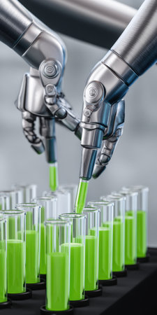 Robotic arms accurately pipetting vibrant green liquid into numerous test tubes, symbolizing automation, scientific research, and advanced laboratory technology in a medical or chemical settingの素材