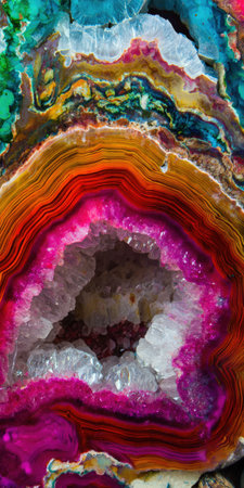 Vibrant geode showing rich banded layers of agate surrounding a cavity filled with sparkling translucent white and pink quartz crystals, illustrating natural geological beauty and mineral formationの素材