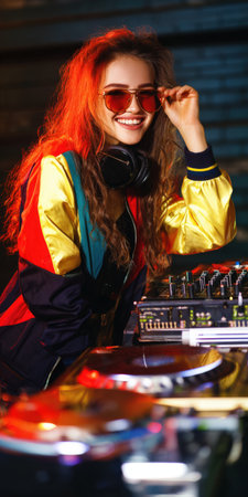 Young female dj smiling at the camera while wearing headphones and a colorful jacket, mixing on a turntable and mixer at a vibrant, energetic night club partyの素材