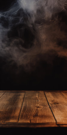 Rustic wooden table with textured planks, rising smoke and steam against a dark backdrop, creating a mysterious, atmospheric surface ideal for product display and copy spaceの素材
